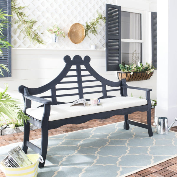 Safavieh AZUSA Bench – Elegant Carved Wood Design with Plush Cushion for Timeless Outdoor Comfort & Style Dark Slate Gray / Beige PAT6741K