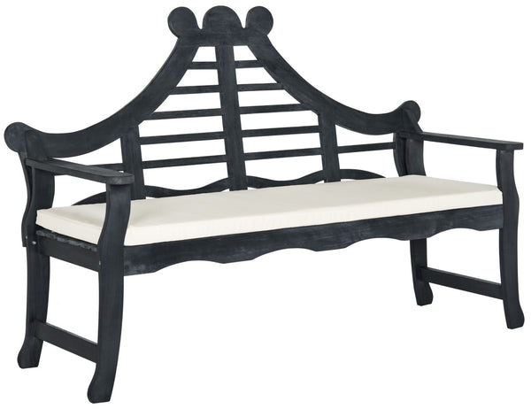 Safavieh AZUSA Bench – Elegant Carved Wood Design with Plush Cushion for Timeless Outdoor Comfort & Style Dark Slate Gray / Beige PAT6741K