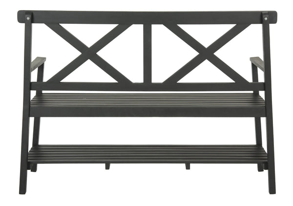 Safavieh MAYER Elegant Two-Seat Acacia Wood Bench with Under-Seat Storage for Stylish Outdoor Spaces Black PAT6744A
