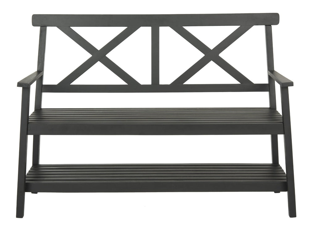 Safavieh MAYER Elegant Two-Seat Acacia Wood Bench with Under-Seat Storage for Stylish Outdoor Spaces Black PAT6744A