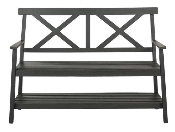 Safavieh MAYER Elegant Two-Seat Acacia Wood Bench with Under-Seat Storage for Stylish Outdoor Spaces Black PAT6744A