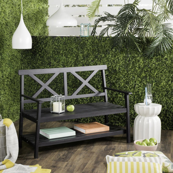 Safavieh MAYER Elegant Two-Seat Acacia Wood Bench with Under-Seat Storage for Stylish Outdoor Spaces Black PAT6744A