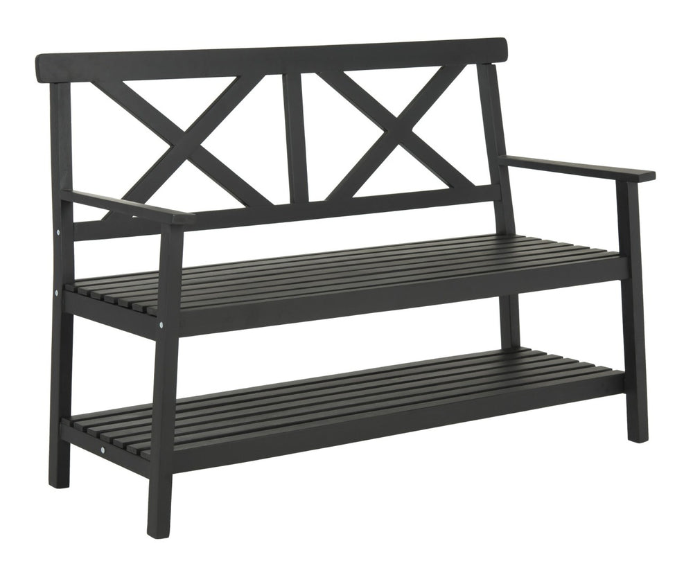 Safavieh MAYER Elegant Two-Seat Acacia Wood Bench with Under-Seat Storage for Stylish Outdoor Spaces Black PAT6744A