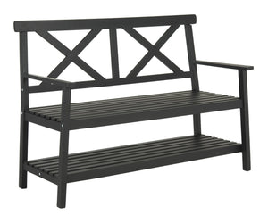 Safavieh MAYER Elegant Two-Seat Acacia Wood Bench with Under-Seat Storage for Stylish Outdoor Spaces Black PAT6744A