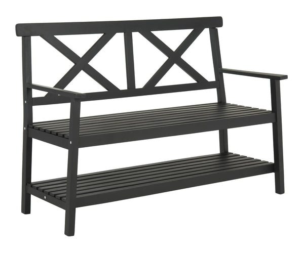 Safavieh MAYER Elegant Two-Seat Acacia Wood Bench with Under-Seat Storage for Stylish Outdoor Spaces Black PAT6744A