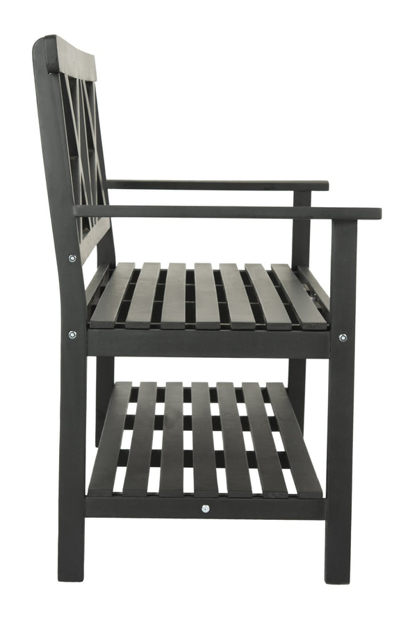 Safavieh MAYER Elegant Two-Seat Acacia Wood Bench with Under-Seat Storage for Stylish Outdoor Spaces Black PAT6744A