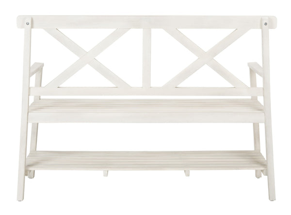 Safavieh MAYER Elegant Two-Seat Acacia Wood Bench with Under-Seat Storage for Stylish Outdoor Spaces White PAT6744B