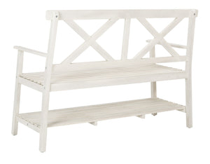 Safavieh MAYER Elegant Two-Seat Acacia Wood Bench with Under-Seat Storage for Stylish Outdoor Spaces White PAT6744B