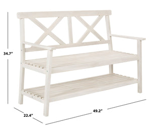 Safavieh MAYER Elegant Two-Seat Acacia Wood Bench with Under-Seat Storage for Stylish Outdoor Spaces White PAT6744B