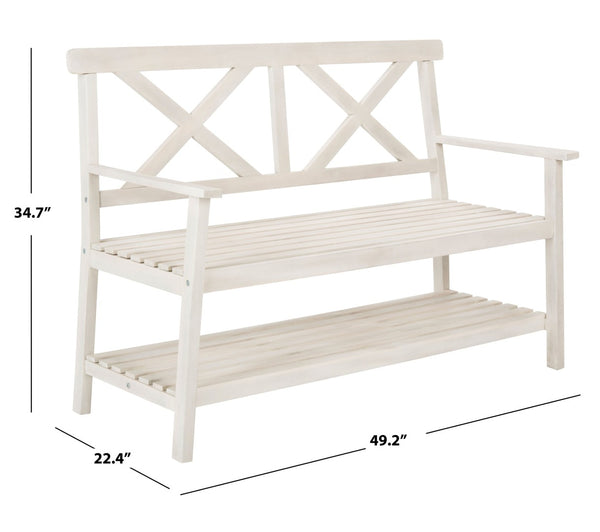 Safavieh MAYER Elegant Two-Seat Acacia Wood Bench with Under-Seat Storage for Stylish Outdoor Spaces White PAT6744B