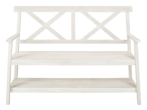 Safavieh MAYER Elegant Two-Seat Acacia Wood Bench with Under-Seat Storage for Stylish Outdoor Spaces White PAT6744B