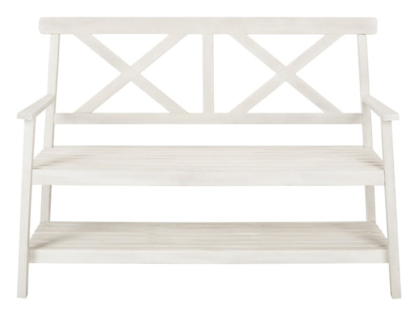 Safavieh MAYER Elegant Two-Seat Acacia Wood Bench with Under-Seat Storage for Stylish Outdoor Spaces White PAT6744B