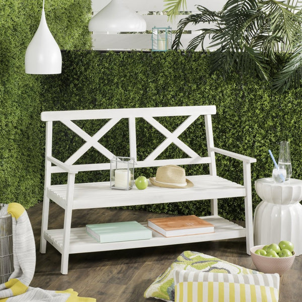 Safavieh MAYER Elegant Two-Seat Acacia Wood Bench with Under-Seat Storage for Stylish Outdoor Spaces White PAT6744B
