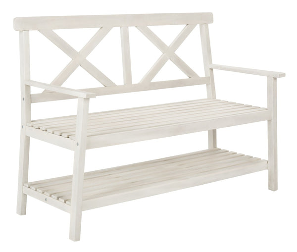 Safavieh MAYER Elegant Two-Seat Acacia Wood Bench with Under-Seat Storage for Stylish Outdoor Spaces White PAT6744B