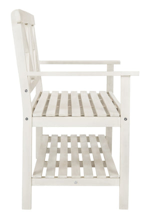 Safavieh MAYER Elegant Two-Seat Acacia Wood Bench with Under-Seat Storage for Stylish Outdoor Spaces White PAT6744B