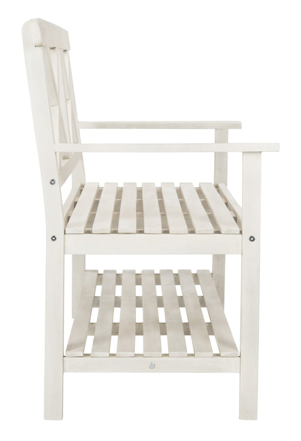 Safavieh MAYER Elegant Two-Seat Acacia Wood Bench with Under-Seat Storage for Stylish Outdoor Spaces White PAT6744B
