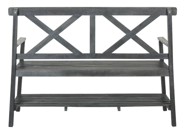 Safavieh MAYER Elegant Two-Seat Acacia Wood Bench with Under-Seat Storage for Stylish Outdoor Spaces Dark Slate Gray PAT6744C