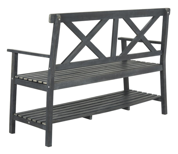 Safavieh MAYER Elegant Two-Seat Acacia Wood Bench with Under-Seat Storage for Stylish Outdoor Spaces Dark Slate Gray PAT6744C