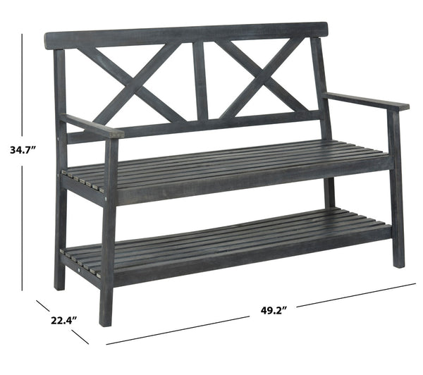 Safavieh MAYER Elegant Two-Seat Acacia Wood Bench with Under-Seat Storage for Stylish Outdoor Spaces Dark Slate Gray PAT6744C