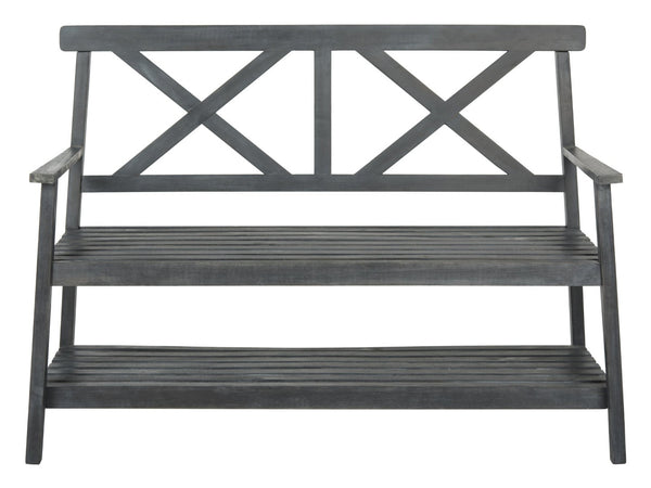 Safavieh MAYER Elegant Two-Seat Acacia Wood Bench with Under-Seat Storage for Stylish Outdoor Spaces Dark Slate Gray PAT6744C