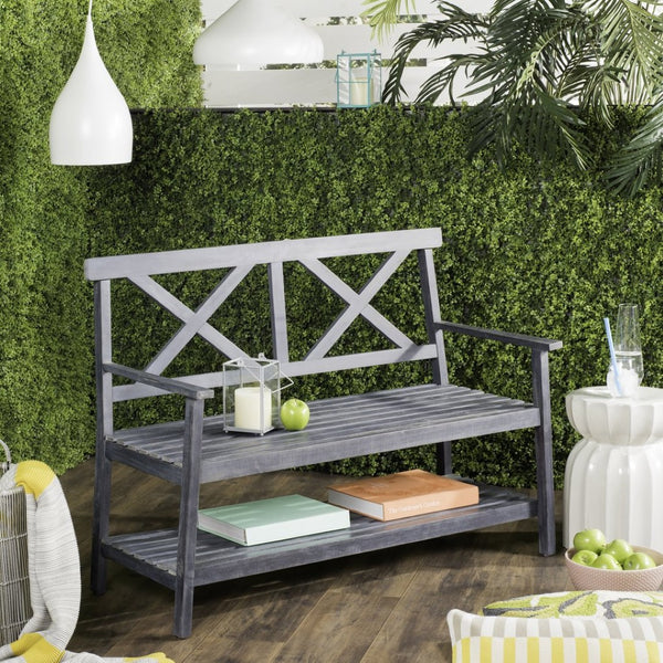 Safavieh MAYER Elegant Two-Seat Acacia Wood Bench with Under-Seat Storage for Stylish Outdoor Spaces Dark Slate Gray PAT6744C