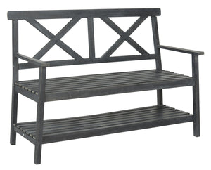 Safavieh MAYER Elegant Two-Seat Acacia Wood Bench with Under-Seat Storage for Stylish Outdoor Spaces Dark Slate Gray PAT6744C