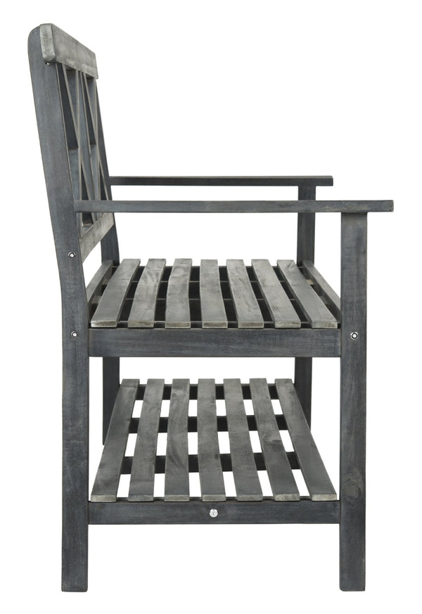 Safavieh MAYER Elegant Two-Seat Acacia Wood Bench with Under-Seat Storage for Stylish Outdoor Spaces Dark Slate Gray PAT6744C