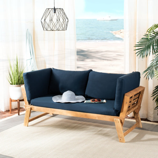 Safavieh TANDRA Elegant Outdoor Daybed with Plush Cushions – Perfect for Relaxation and Stylish Entertaining Natural / Navy PAT6745D