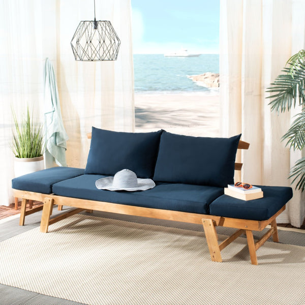Safavieh TANDRA Elegant Outdoor Daybed with Plush Cushions – Perfect for Relaxation and Stylish Entertaining Natural / Navy PAT6745D