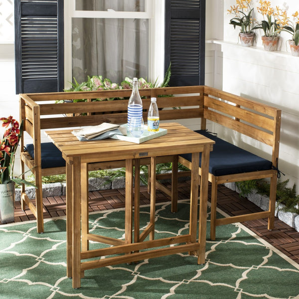 Safavieh WILTON Corner Lounge Set for Balconies – Cozy Wooden Outdoor Furniture for Small Spaces & Style Natural / Navy PAT6754A