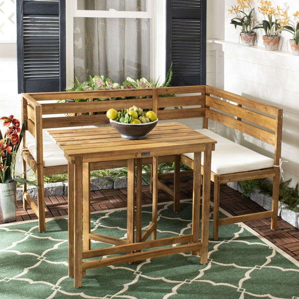 Safavieh WILTON Corner Lounge Set for Balconies – Cozy Wooden Outdoor Furniture for Small Spaces & Style Teak Brown / Beige PAT6754B