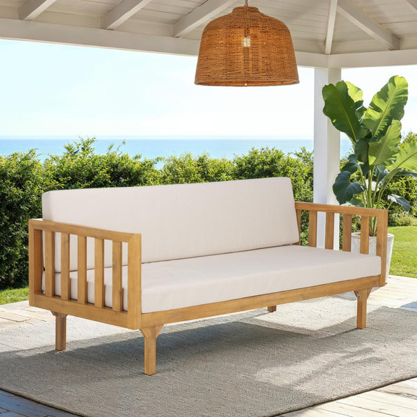 Safavieh NAPOLI 3-Seater Bench: Elegant Solid Wood Seating for Stylish Indoor and Outdoor Spaces, Durable Design Oak / Cream PAT6804B