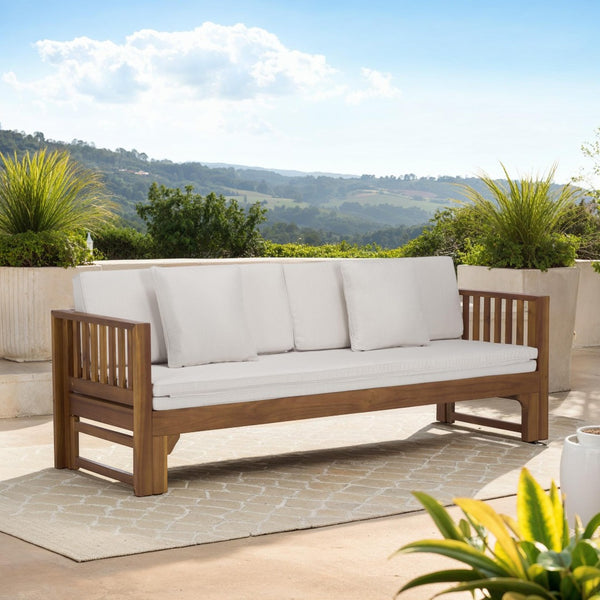 Safavieh NAPOLI Convertible Bench & Daybed – Stylish Solid Wood Outdoor Furniture for Relaxed Living Spaces Teak Brown / Cream PAT6805A