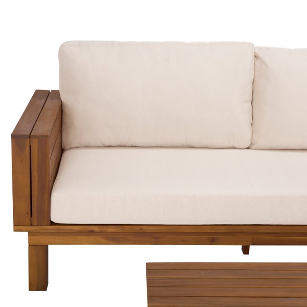 Safavieh Napoli Outdoor Sofa Teak Wood Frame Resort Style Patio Seating with Cream Cushions Teak/Creme PAT6806A-4BX