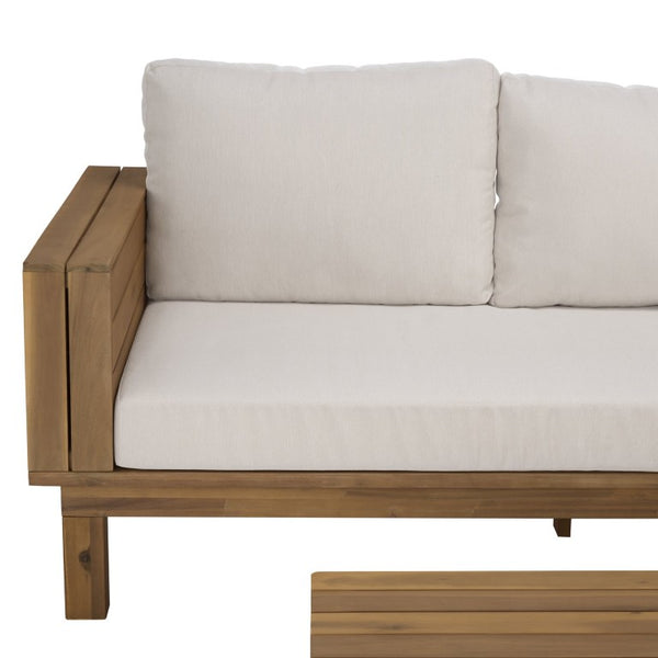 Safavieh Napoli Outdoor Sofa Teak Wood Frame Resort Style Patio Seating with Cream Cushions Oak/Creme PAT6806B-4BX