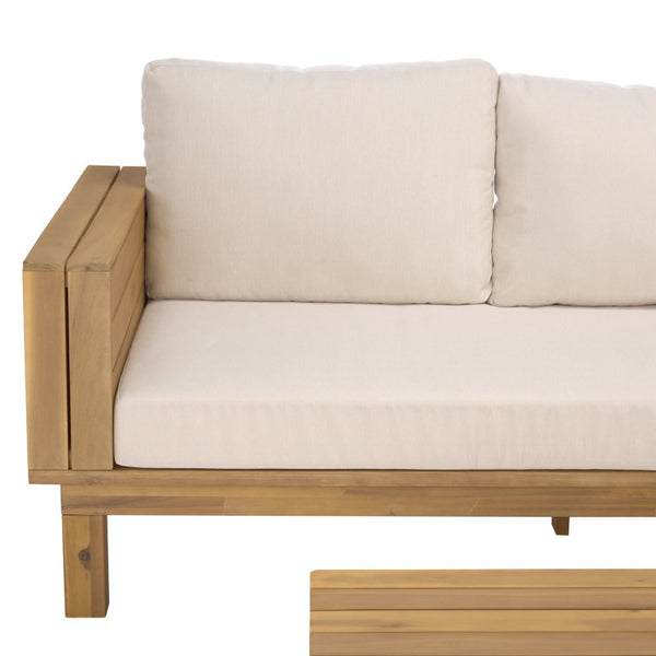 Safavieh Napoli Outdoor Sofa Teak Wood Frame Resort Style Patio Seating with Cream Cushions Oak/Creme PAT6806B-4BX