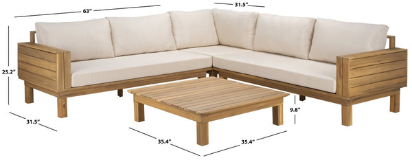 Safavieh Napoli Outdoor Sofa Teak Wood Frame Resort Style Patio Seating with Cream Cushions Oak/Creme PAT6806B-4BX