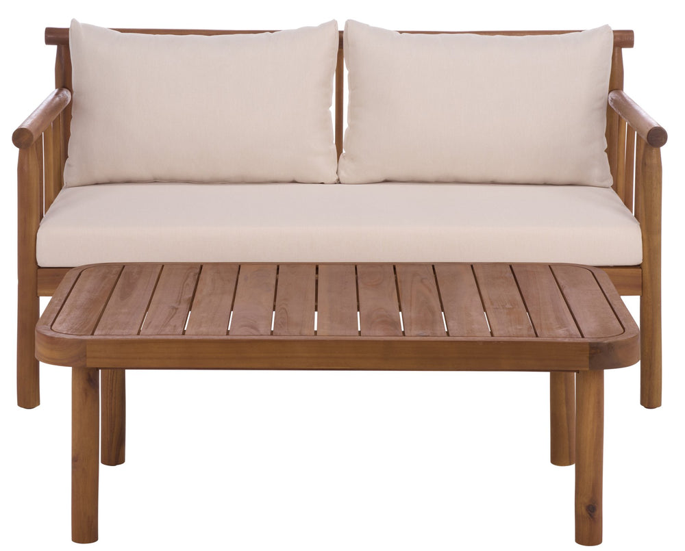 Safavieh Cardori Outdoor Bench And Table Set - Elegant Teak Brown & Cream For Stylish Relaxation & Dining Teak Brown ,Cream Wood,Fabric,Foam Pat6808a