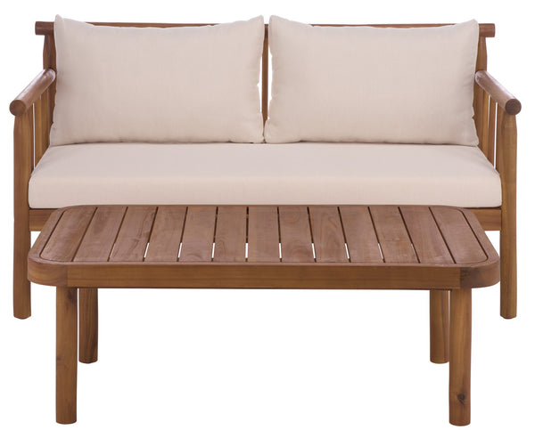 Safavieh Cardori Outdoor Bench And Table Set - Elegant Teak Brown & Cream For Stylish Relaxation & Dining Teak Brown ,Cream Wood,Fabric,Foam Pat6808a