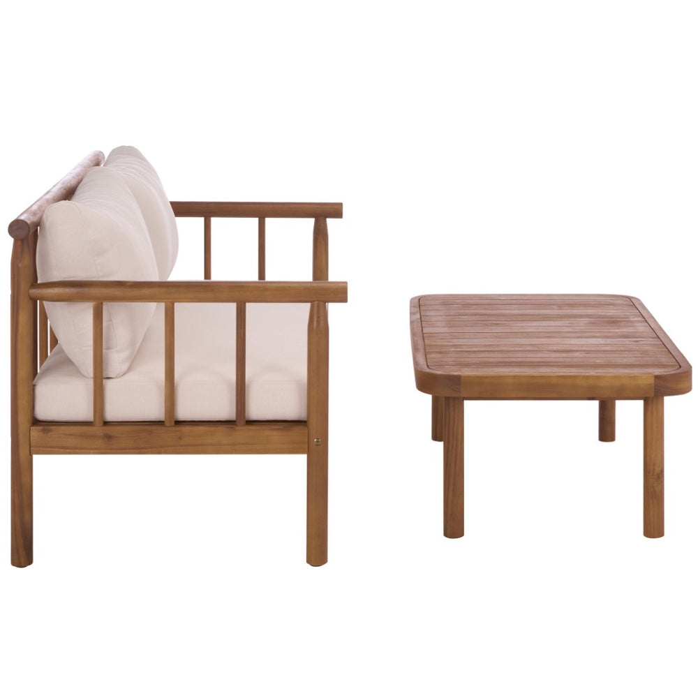 Safavieh CARDORI Outdoor Bench and Table Set - Elegant Teak and Cream Upholstery for Patios and Gardens PAT6808A