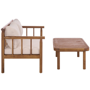 Safavieh Cardori Outdoor Bench And Table Set - Elegant Teak Brown & Cream For Stylish Relaxation & Dining Teak Brown ,Cream Wood,Fabric,Foam Pat6808a