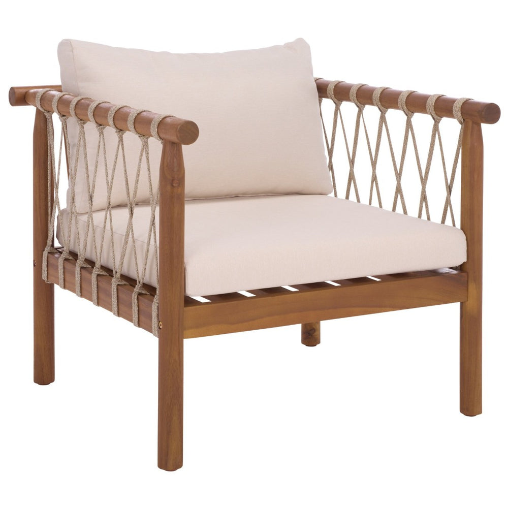 Safavieh SABRINA Chair Set of 2 - Teak-Brown Wood with Soft Crème Cushions for Stylish Outdoor Comfort PAT6809A-SET2