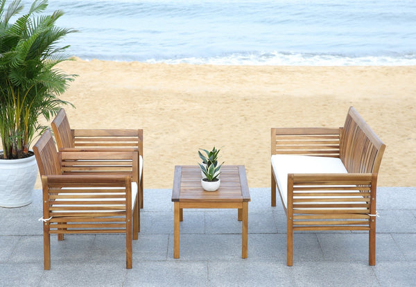 Safavieh CARSON 4-Piece Outdoor Furniture Set: Modern Scandinavian Design with Comfortable Cushions Natural / Beige PAT7005A