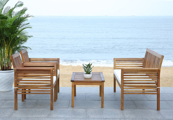 Safavieh CARSON 4-Piece Outdoor Furniture Set: Modern Scandinavian Design with Comfortable Cushions Natural / Beige PAT7005A