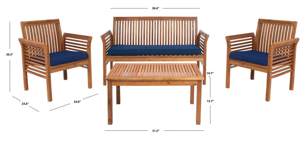 Safavieh CARSON 4-Piece Outdoor Furniture Set: Modern Scandinavian Design with Comfortable Cushions Natural / Navy PAT7005D