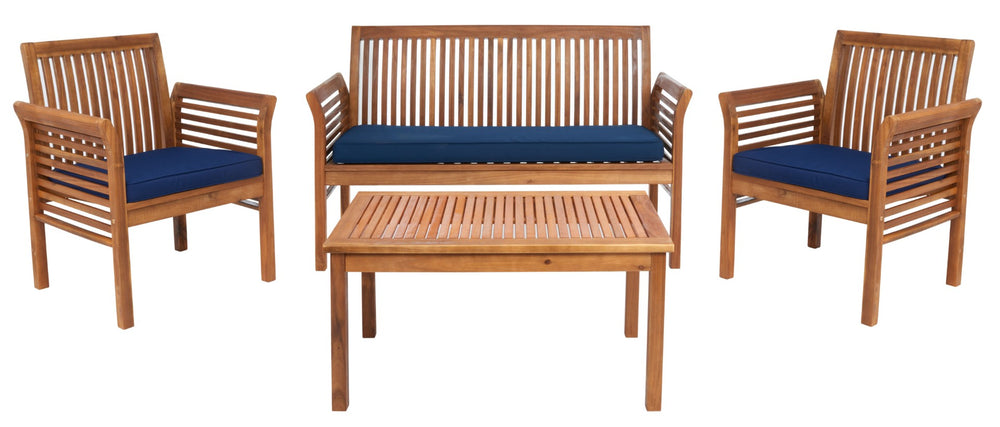 Safavieh CARSON 4-Piece Outdoor Furniture Set: Modern Scandinavian Design with Comfortable Cushions Natural / Navy PAT7005D