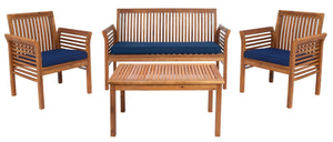 Safavieh CARSON 4-Piece Outdoor Furniture Set: Modern Scandinavian Design with Comfortable Cushions Natural / Navy PAT7005D