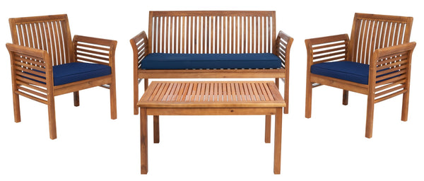 Safavieh CARSON 4-Piece Outdoor Furniture Set: Modern Scandinavian Design with Comfortable Cushions Natural / Navy PAT7005D