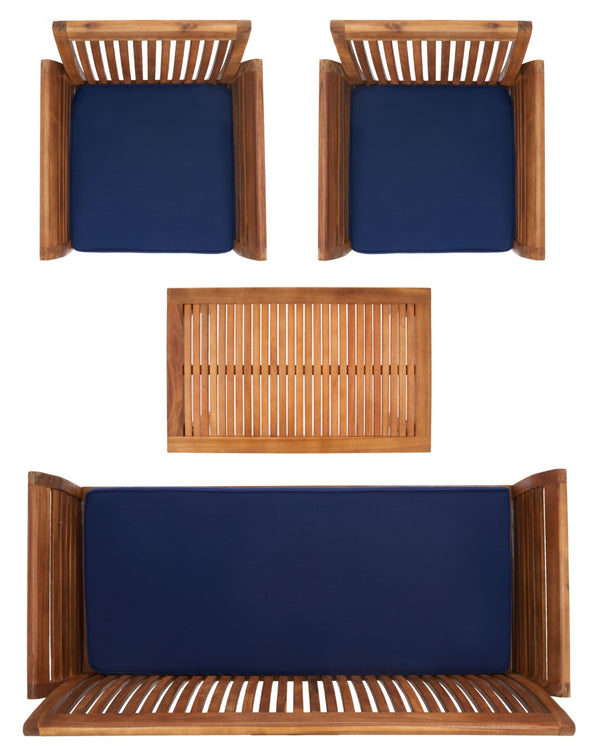 Safavieh CARSON 4-Piece Outdoor Furniture Set: Modern Scandinavian Design with Comfortable Cushions Natural / Navy PAT7005D