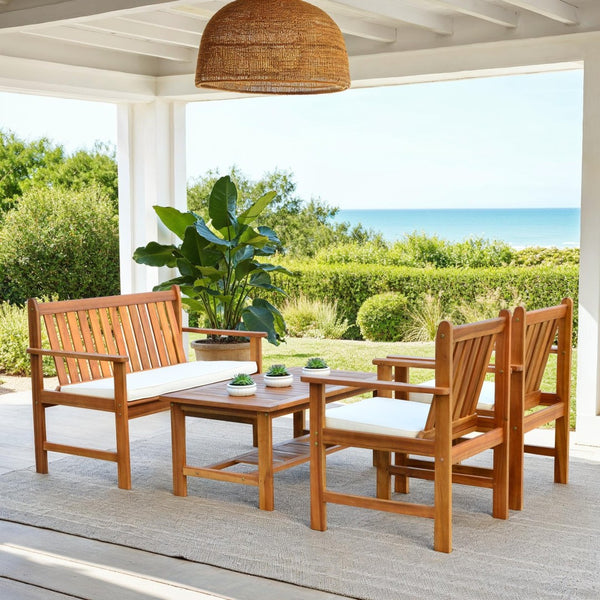 Safavieh BURBANK 4-Piece Outdoor Seating Set with Weather-Resistant Cushions for Stylish Patio Living Natural / Beige PAT7006A